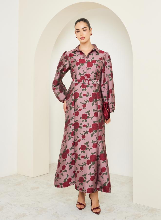 Women Pink Floral Long Sleeves A-Line Maxi Dress